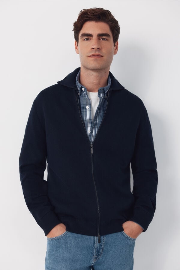 Cortefiel Cotton cardigan with zip fastening and polo shirt neck Navy