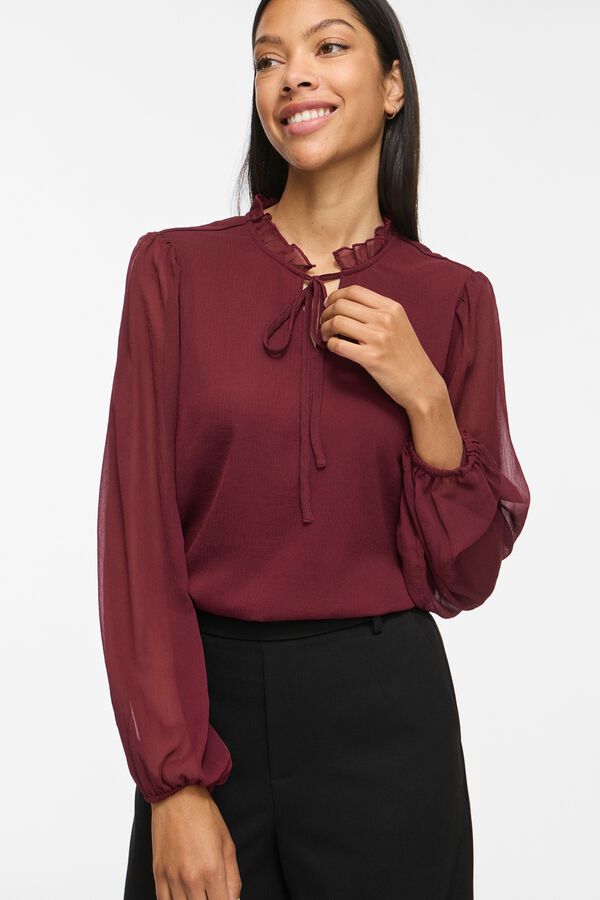 Vila Blusa semitransparente com gola franzida Vermelho