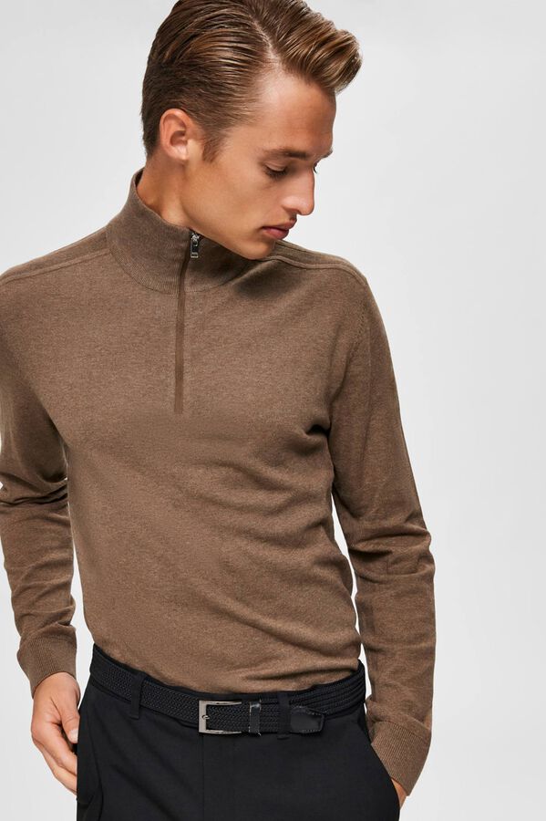 Selected Camisola de malha com meio fecho-&eacute;clair 100% algod&atilde;o Castanho