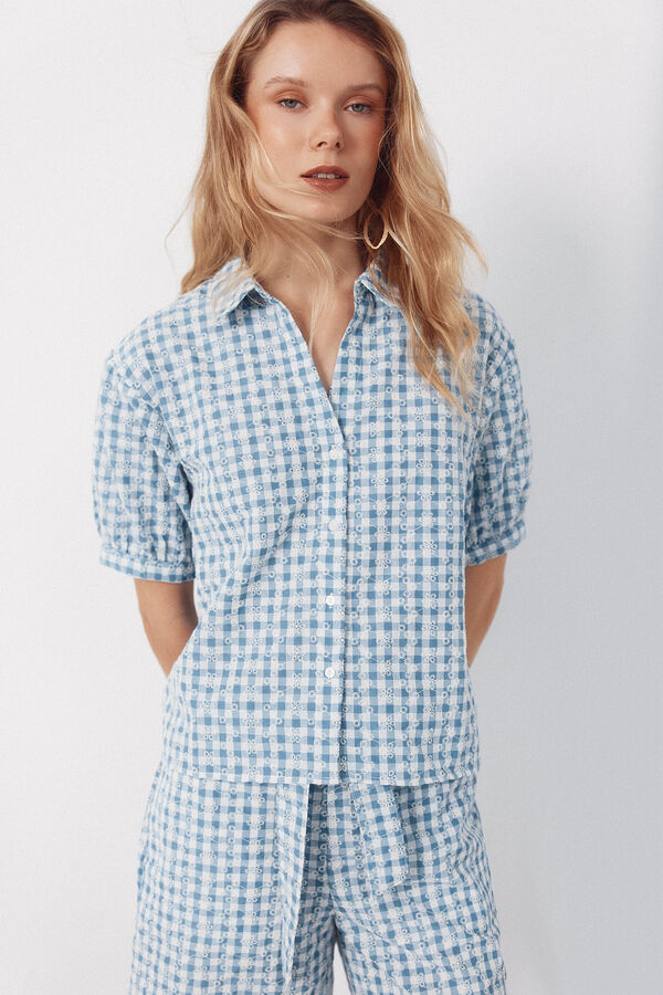 Cortefiel Embroidered gingham blouse Printed blue