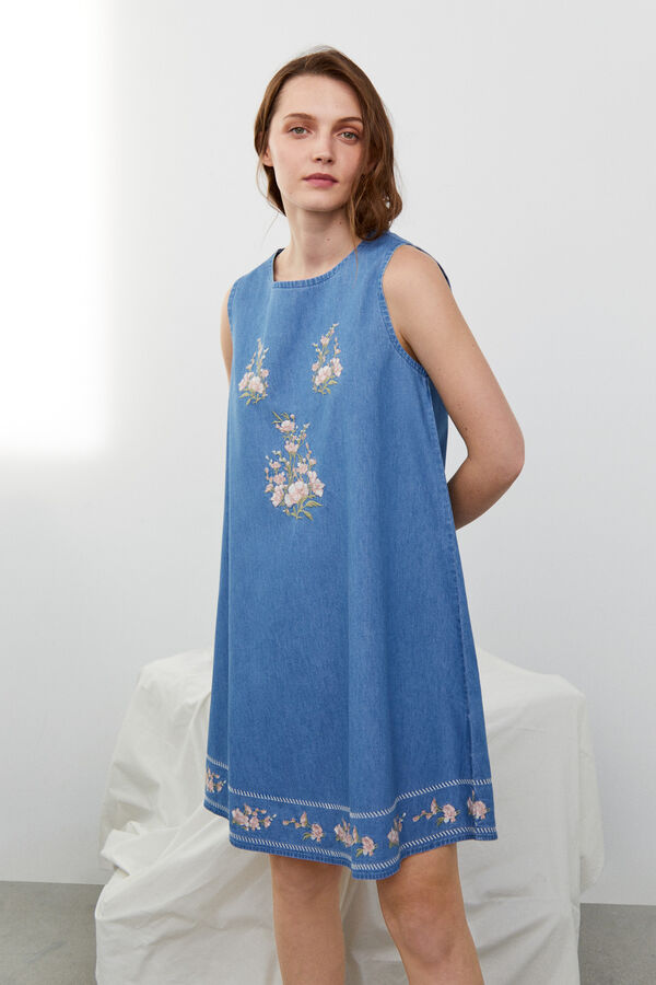 Cortefiel Embroidered denim dress Blue