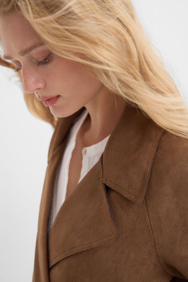 Cortefiel Faux suede trench coat Camel
