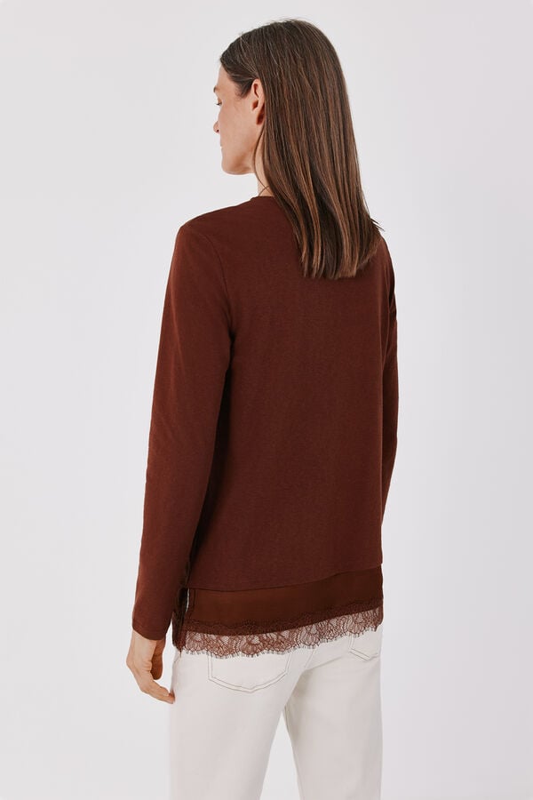 Cortefiel Plain hem T-shirt with lace detail Camel