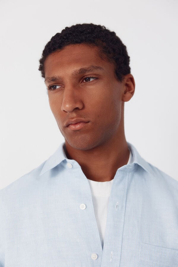 Cortefiel Camisa em linho e algod&atilde;o &agrave;s riscas Azul