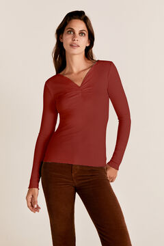 Cortefiel Ribbed gathered t-shirt Red