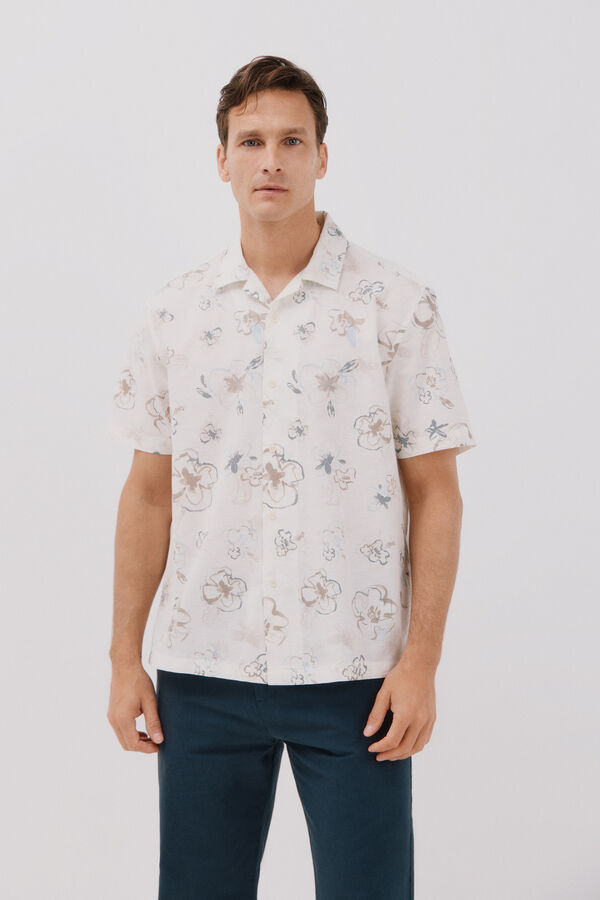 Cortefiel Printed short-sleeved shirt Ivory