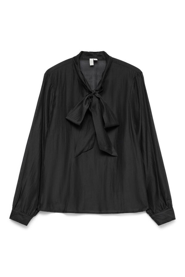 Vero Moda Blusa feminina de manga comprida com laço no gola  Preto