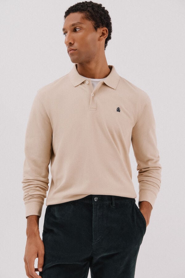 Cortefiel Essential long-sleeved polo shirt Beige