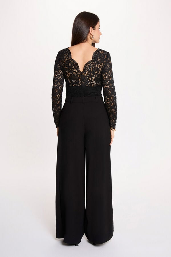 Morgan Body de renda com decote em bico Preto