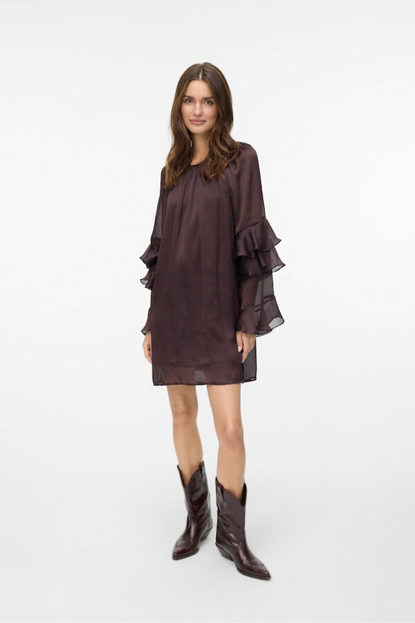 Vero Moda Vestido curto de chiffon com manga franzidas Castanho