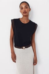 Cortefiel Guipure sleeve -shirt Black