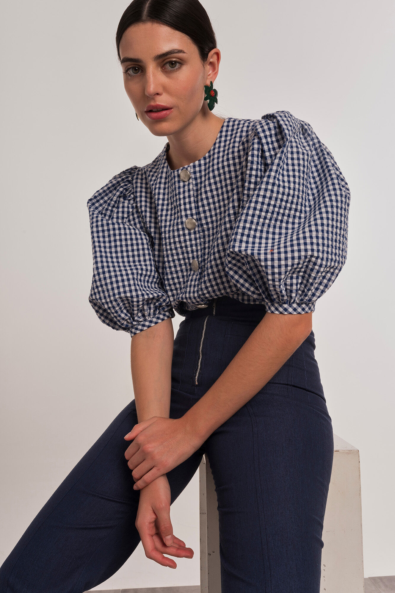 Camisa cuadros vichy manga abullonada Blusas de mujer Cortefiel