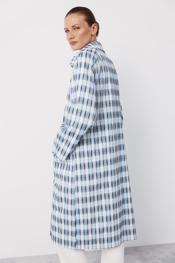 Cortefiel Long plaid trench coat Printed blue