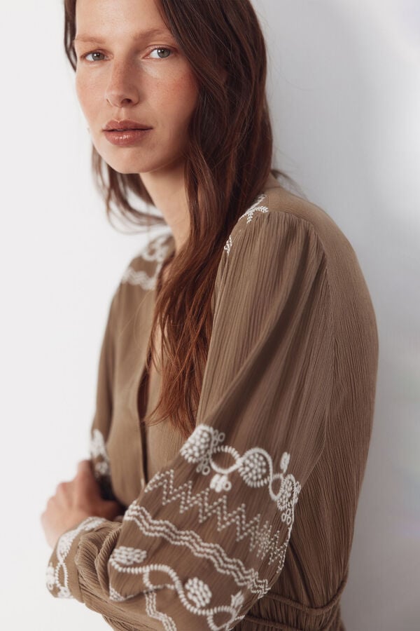 Cortefiel Embroidered dress Kaki