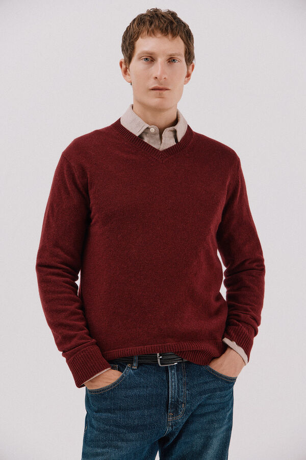 Cortefiel Jersey lana lambswool pico redondo Granate
