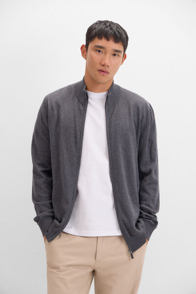 Cortefiel Cotton zip-up cardigan with cashmere Grey