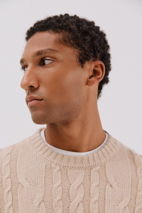 Cortefiel Jersey lana trenzado cuello caja Beige