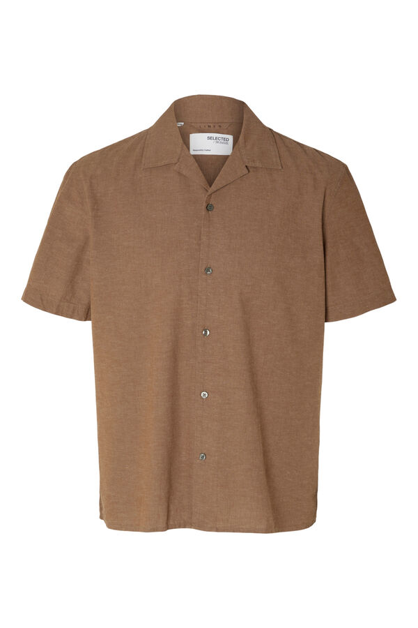 Cortefiel Camisa de manga corta confeccionada con lino y algodón reciclado. Marrón
