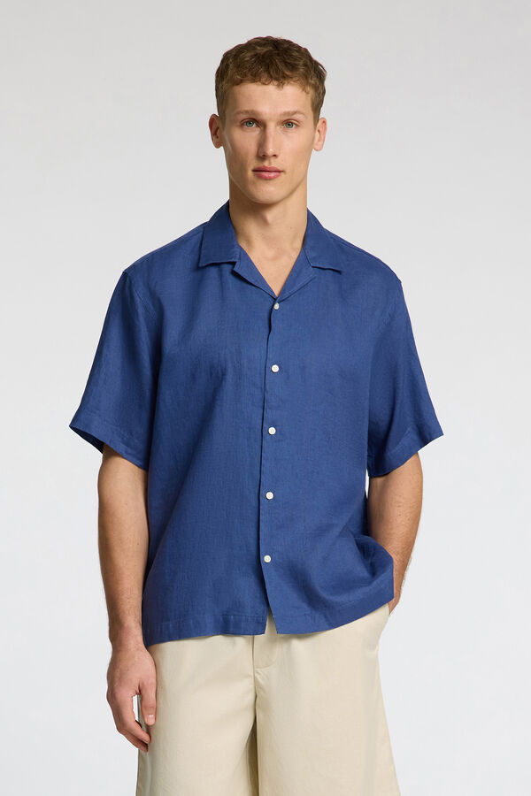 Selected Camisa manga curta 100% linho Azul