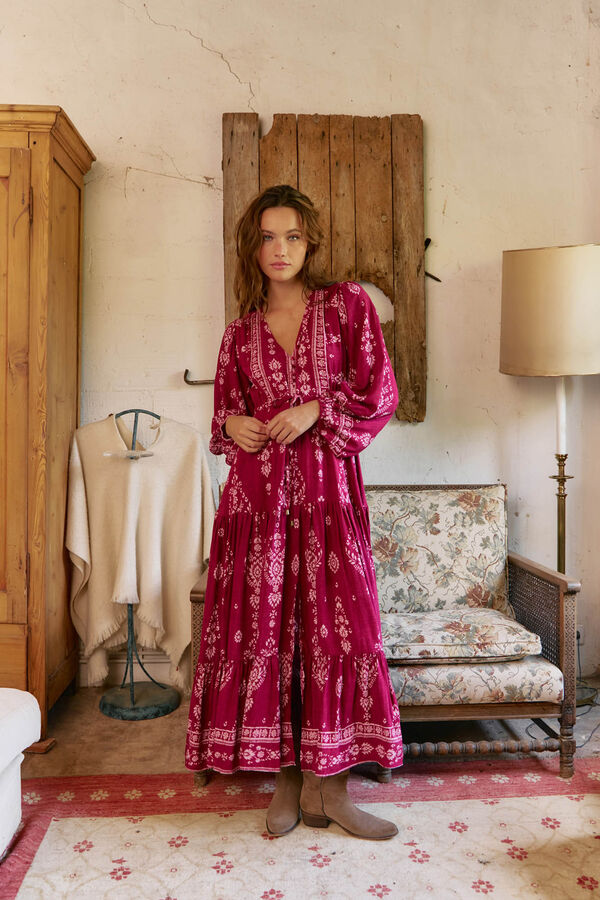 Jaase Vestido longo Teresa com estampado de ruibarbo Granada