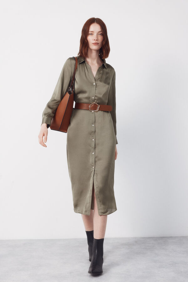 Cortefiel Satin shirt dress Kaki