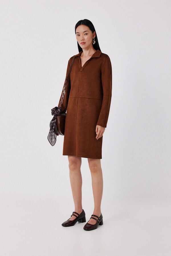 Cortefiel Faux suede polo neck dress Camel