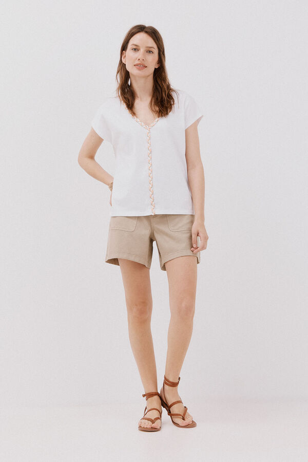 Cortefiel V neck braided t-shirt White