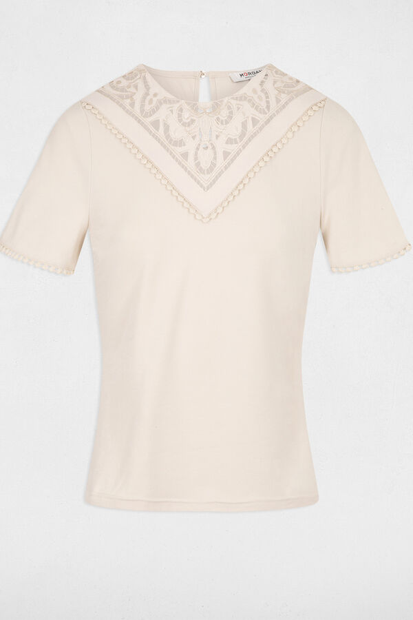 Cortefiel Embroidered short-sleeved T-shirt Beige