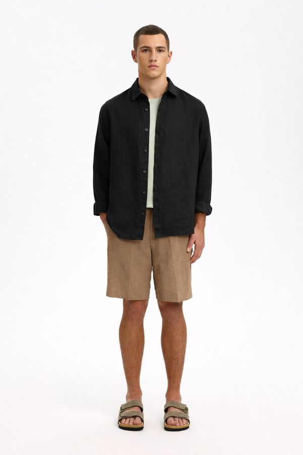 Selected Camisa de manga comprida em linho Preto