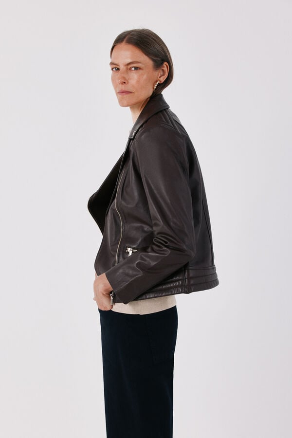 Cortefiel Leather zip fastening jacket Dark brown
