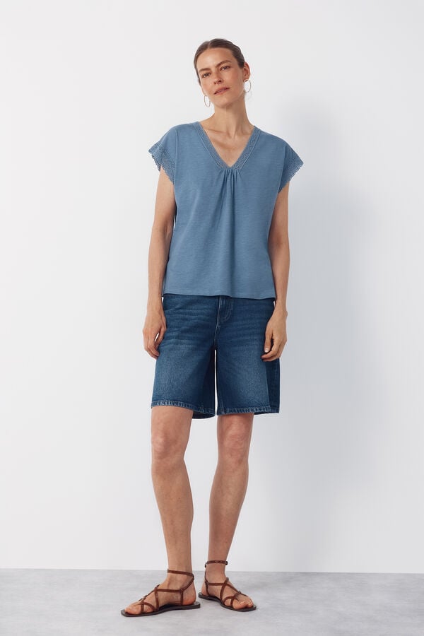 Cortefiel Slub t-shirt with trim Blue