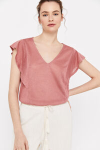 Cortefiel Linen look ruffle T-shirt Pink