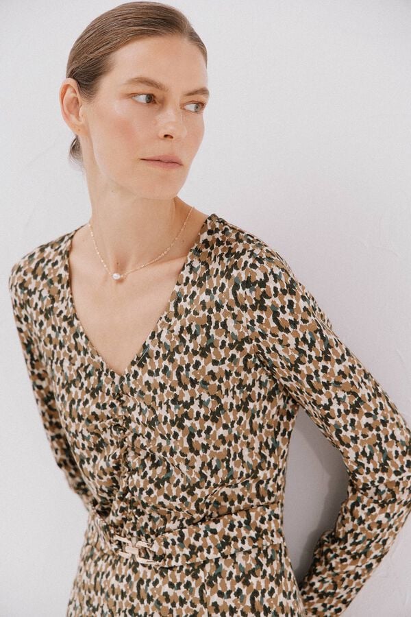 Cortefiel Vestido cinturón Estampado beige