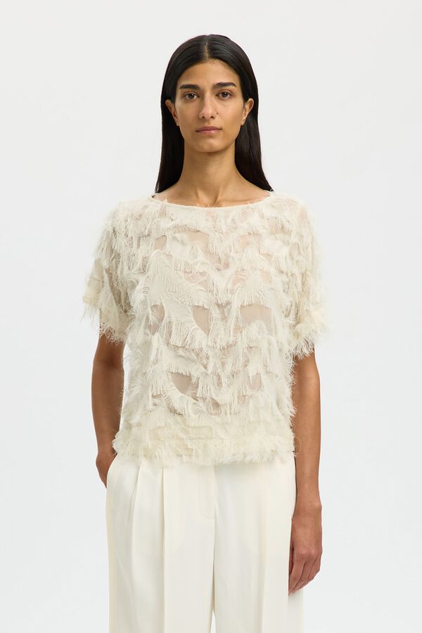 Selected Blusa de manga curta com tecido de franjas Branco