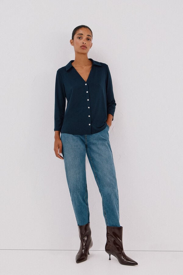 Cortefiel Camisa elástica com botões Azul