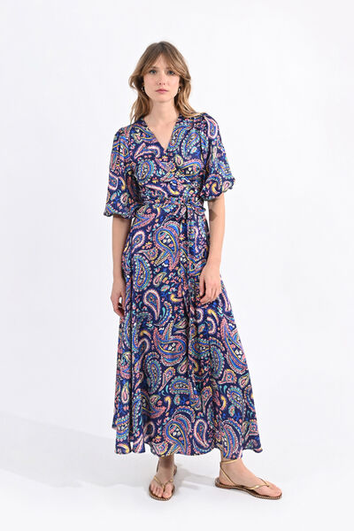 Cortefiel Long dress with printed motif and tie detail Multicolour