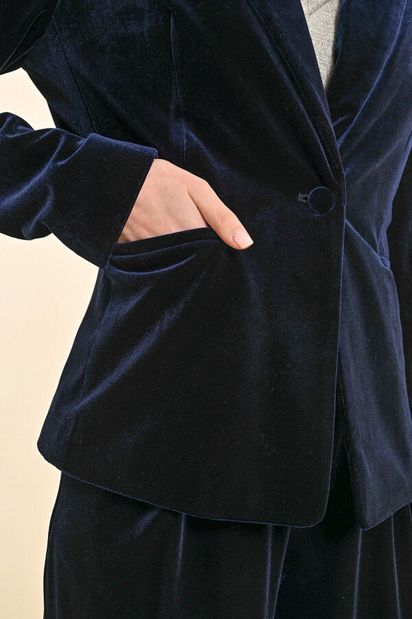 Molly Bracken Blazer feminino de veludo, com gola e lapela. Azul