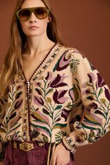 Meisie Casaco de malha jacquard floral Tostado