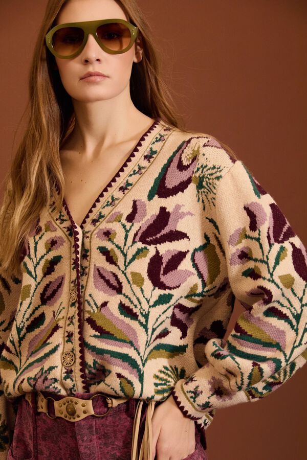 Meisie Casaco de malha jacquard floral Tostado
