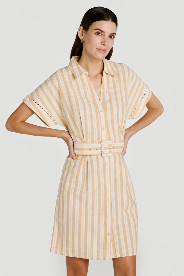 Vila Vestido curto camiseiro em algod&atilde;o e linho Impress&atilde;o