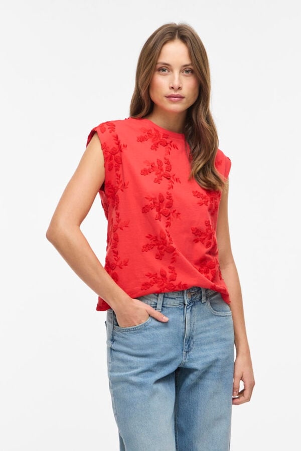 Vila Top sem mangas com bordados em algod&atilde;o Vermelho