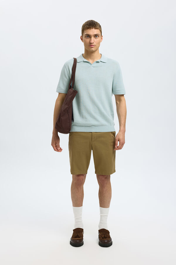 Selected short sleeve linen polo shirt Blue