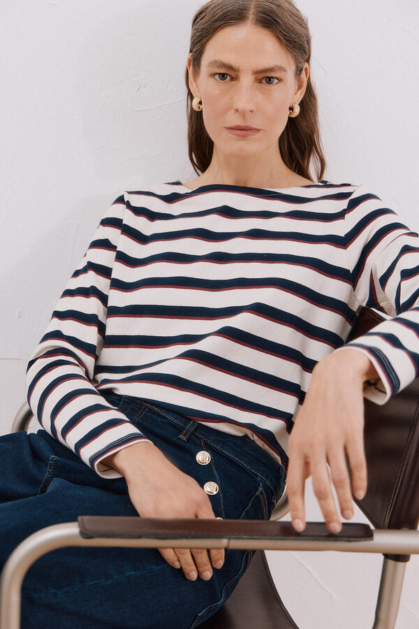 Cortefiel Boat neck T-shirt with buttons Printed blue