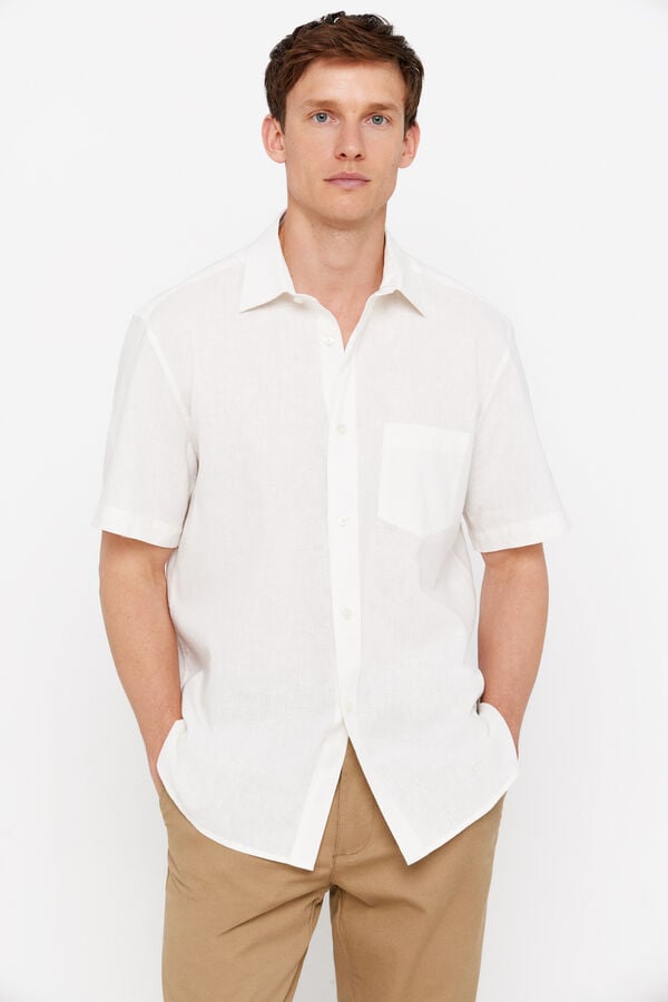 Cortefiel Camisa lino algodón liso manga corta Blanco