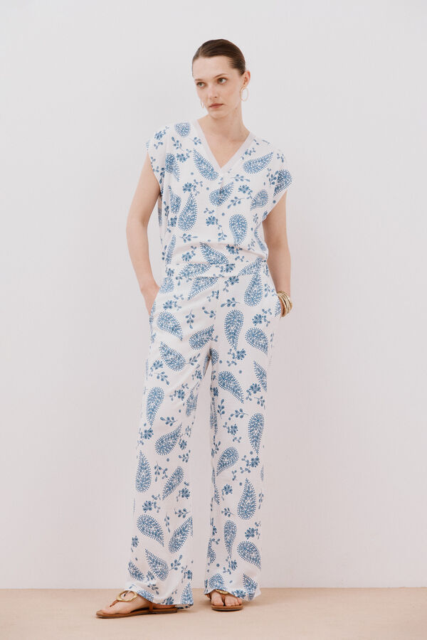 Cortefiel Printed wide-leg trousers White