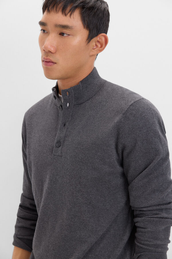 Cortefiel Cotton/silk cashmere high neck jumper with buttons Grey