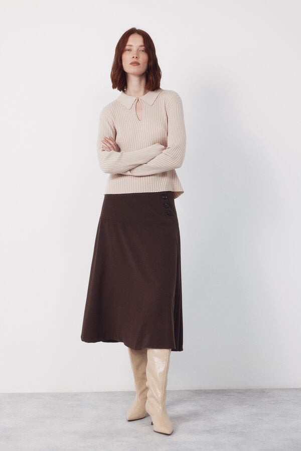 Cortefiel Flared skirt with buttons Dark brown