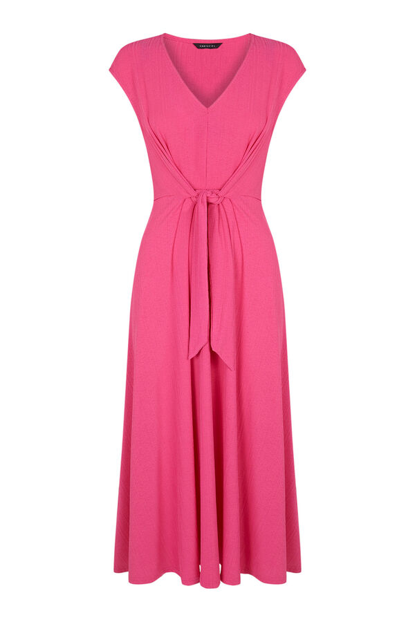 Cortefiel Pleated jersey-knit dress with knot detail Fuchsia