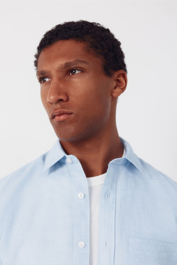 Cortefiel Plain linen cotton shirt Blue
