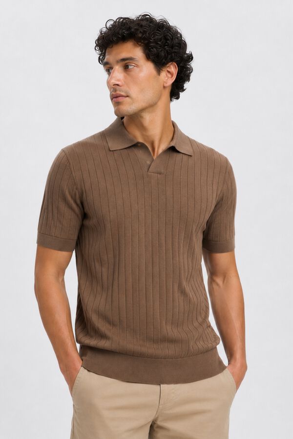 Selected Ribbed knit polo shirt Brown